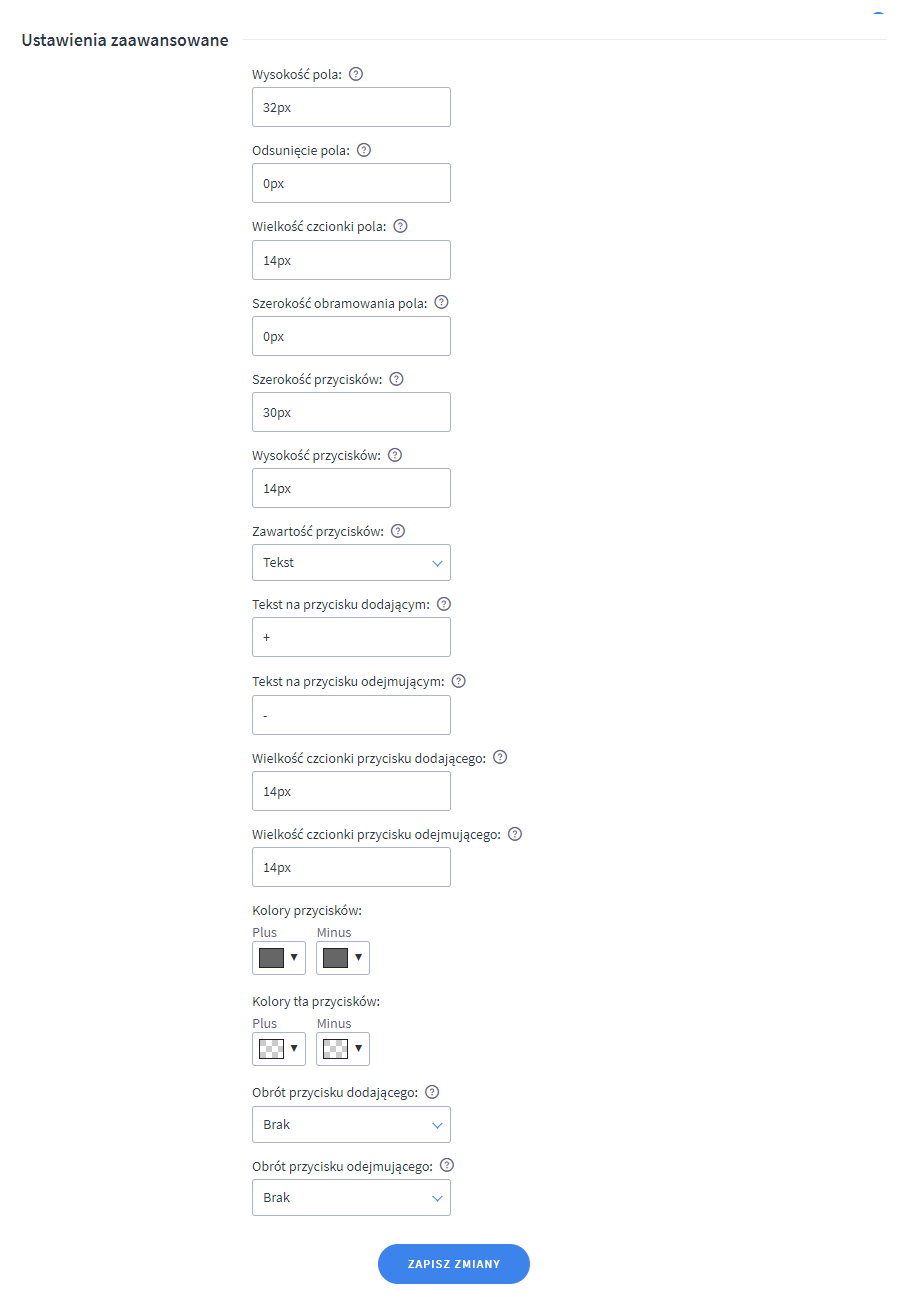 Zapoznaj się z ustawieniami zaawansowanymi dla modułu Wybór ilości na liście produktów Panel administracyjny sklepu > Dodatki i integracje > Moje aplikacje > Wybór ilości na liście produktów > Ustawienia zaawansowane