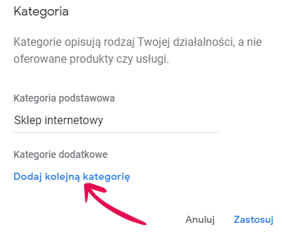 Kliknij opcję: Dodaj kolejną kategorię, aby dodać dodatkową kategorię przypisaną do firmy Kliknij opcję: Dodaj kolejną kategorię, aby dodać dodatkową kategorię przypisaną do firmy