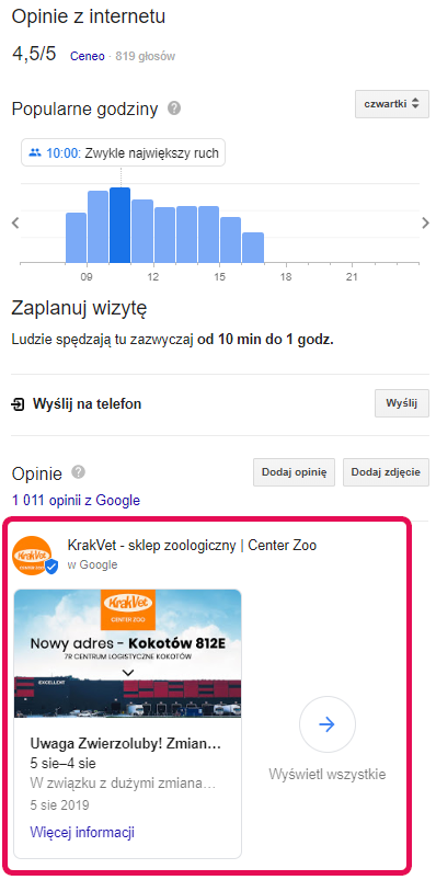Opinie wyświetlane na koncie firmy w wizytówce Google Opinie wyświetlane na koncie firmy w wizytówce Google