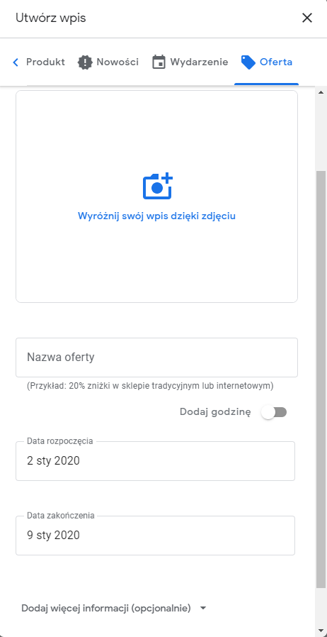 Formularz tworzenia nowego wpisu na wizytówce firmy w Google Moja Firma Formularz tworzenia nowego wpisu na wizytówce firmy w Google Moja Firma
