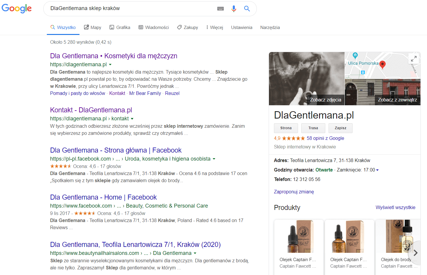 Przykład wizytówki firmy w wyszukiwarce Google Przykład wizytówki firmy w wyszukiwarce Google