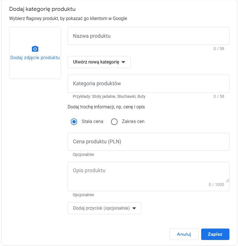 Formularz dodawania oferty produktu do wizytówki firmy w Google Formularz dodawania oferty produktu do wizytówki firmy w Google