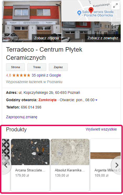 Przykład produktów wyświetlanych na wizytówce firmy w Google Przykład produktów wyświetlanych na wizytówce firmy w Google