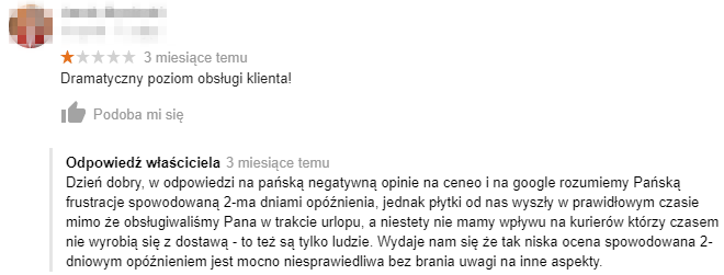 Przykładowa negatywna opinia dodana na wizytówce firmy w Google Przykładowa negatywna opinia dodana na wizytówce firmy w Google