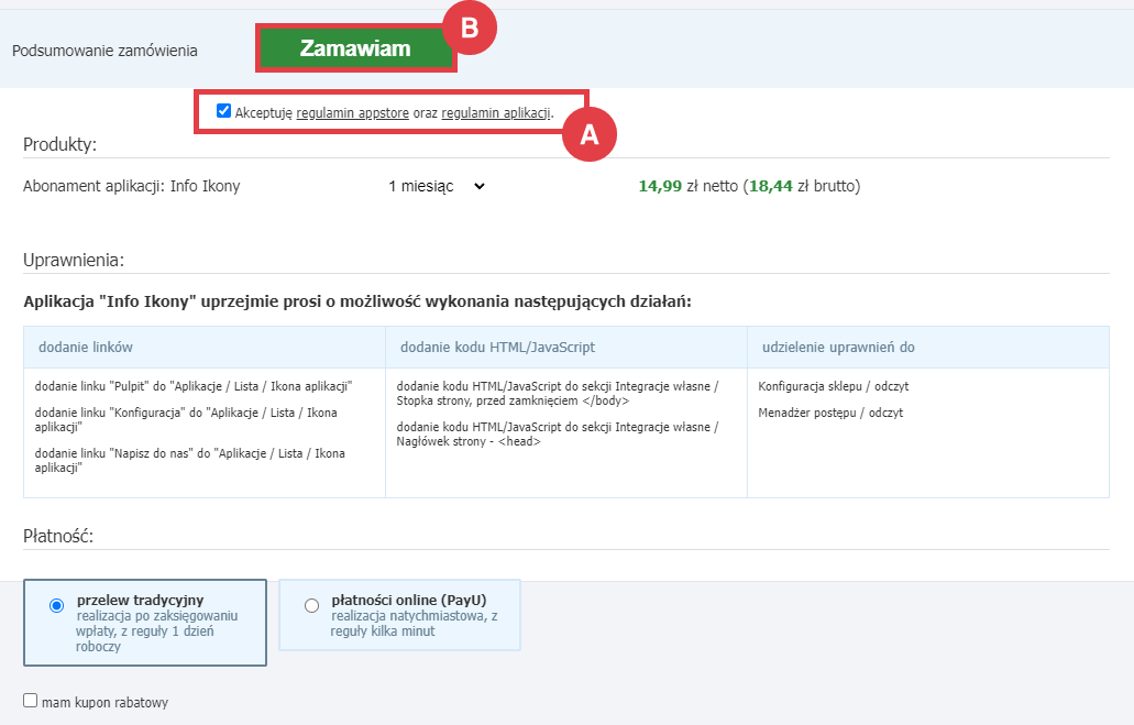 Zamów abonament aplikacji Info Ikony w sklepie Shoper Panel administracyjny sklepu > Dodatki i integracje > Aplikacje > Info Ikony > Instalacja