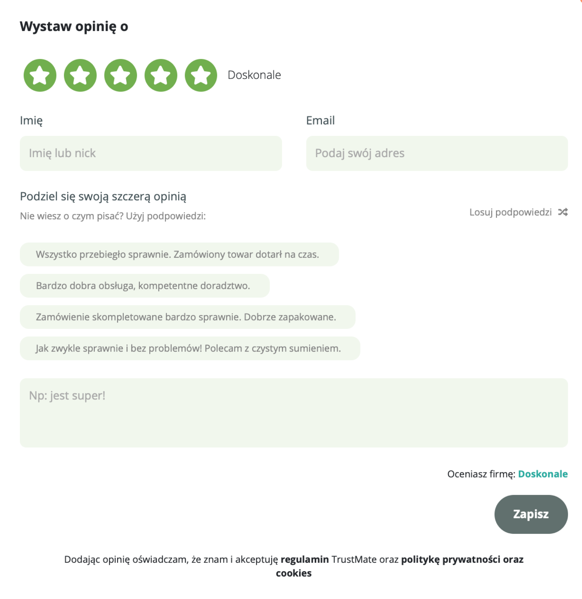 Przykładowy formularz do wystawiania opinii do produktu - TrustMate. Przykład formularza do wystawiania opinii TrustMate