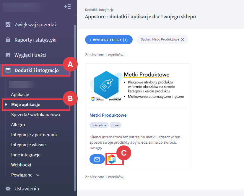 Zacznij korzystać z aplikacji do oznaczania produktów metkami Panel administracyjny sklepu > Dodatki i integracje > Moje aplikacje > Metki Produktowe