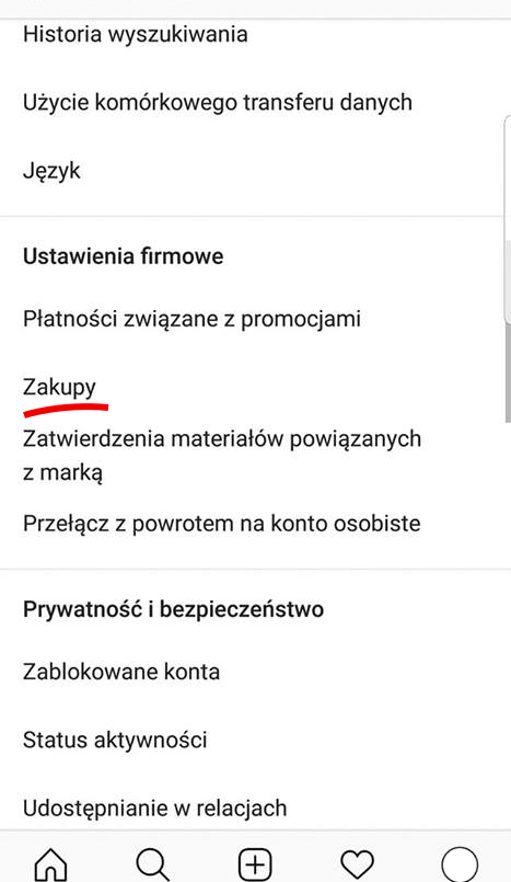 Instagram > Ustawienia > Ustawienia firmowe > opcja menu: Zakupy