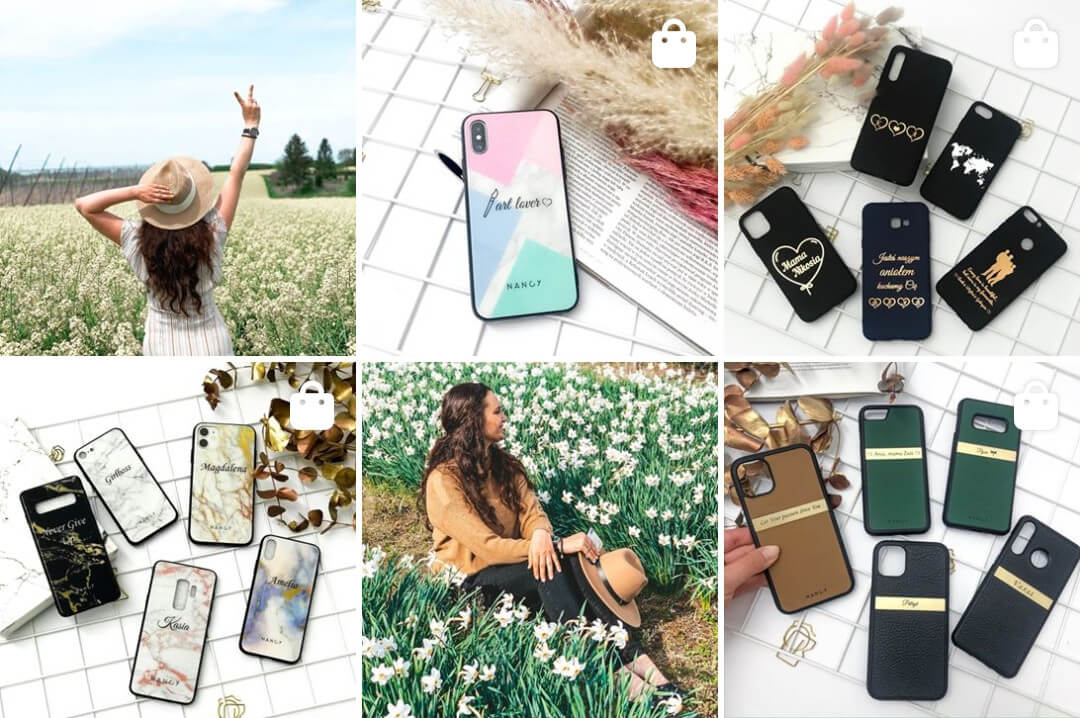 Przykłady zdjęć na Instagramie z oznaczonymi produktami (ikona torby zakupowej)