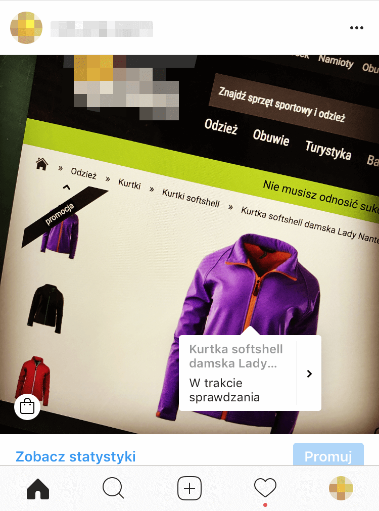 Przykład produktu w trakcie sprawdzania (Instagram)