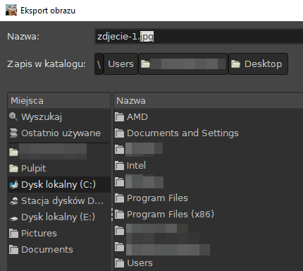 Okno eksportu obrazu w programie graficznym GIMP Zapisywanie przygotowanego obrazu