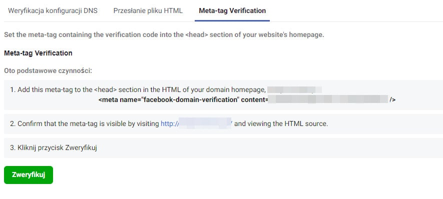 Przejdź do: Meta-tag Verification i skopiuj kod tagu weryfikacyjnego. Skopiuj z okna kod tagu weryfikacyjnego