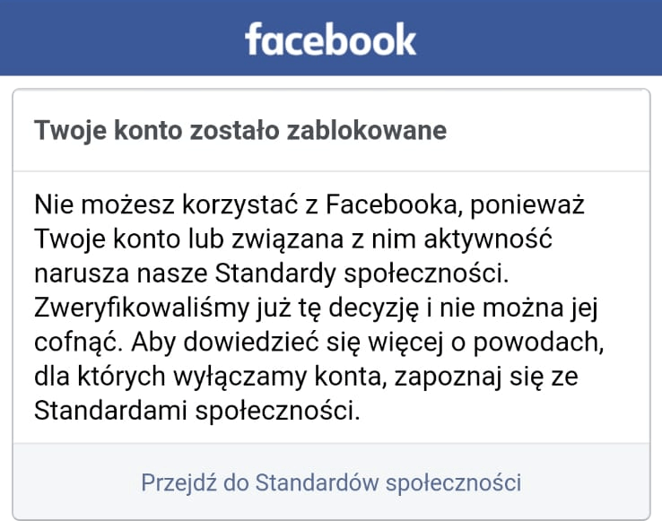 Informacja na Facebooku o zablokowaniu konta Okno informujące o zablokowaniu konta na FB
