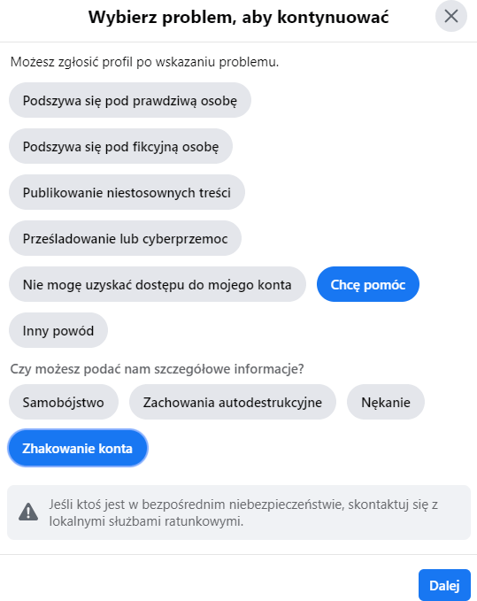 Wybierz odpowiednią kategorię dla wysyłanego zgłoszenia do FB Wybór kategorii problemy podczas wysyłania zgłoszenia na Facebook