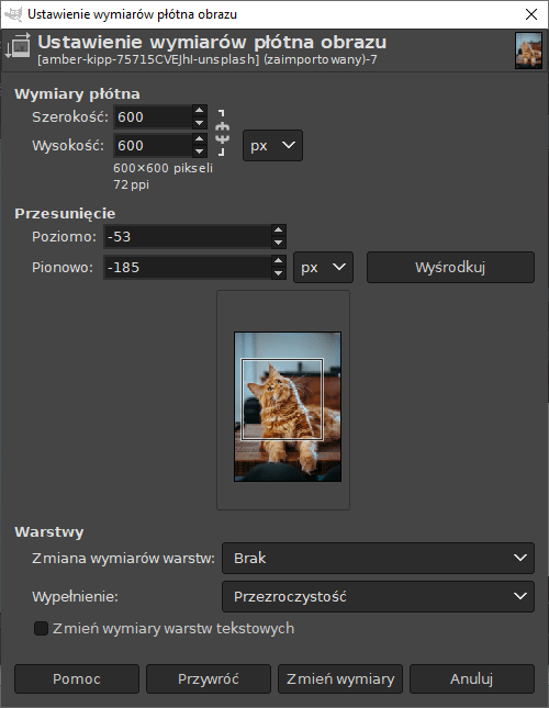 Wykadruj odpowiednio obraz i kliknij przycisk: Zmień rozmiar Jak kadrować zdjęcie w programie graficznym GIMP?