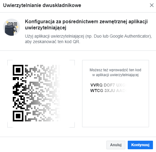 Przykład wyświetlonego kodu QR podczas konfiguracji uwierzytelniania dwuskładnikowego na Facebooku Przykład wyświetlonego kodu QR podczas konfiguracji uwierzytelniania dwuskładnikowego na Facebooku