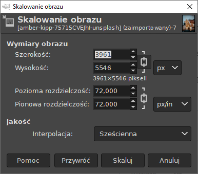 Ustawienia skalowania obrazu (okno) w programie graficznym GIMP Opcje dostępne w oknie skalowania obrazu w GIMP
