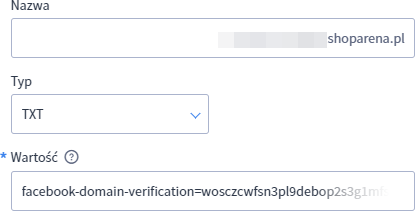 Przykład formularza do tworzenia rekordu do strefy domeny (typ rekordu: TXT) Formularz dodawania nowego rekordu domeny (typ TXT)