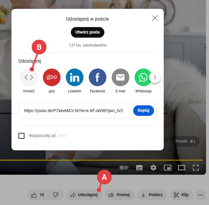 W opcjach udostępniania filmu z YouTube wybierz opcję: Umieść Opcje udostępniania wideo z YouTube, wybierz: Umieść, aby wyświetlić kod filmu do wstawienia