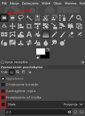 Z menu narzędzi wybierz opcję zaznaczania prostokątnego Narzędzie zaznaczania prostokątnego w programie do obróbki grafiki GIMP