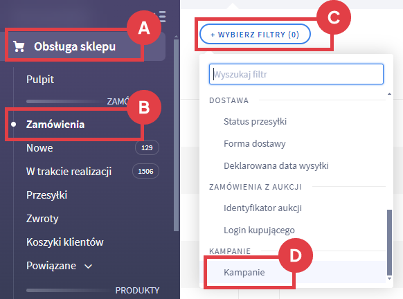 Na liście zamówień wybierz filtry, kampanii reklamowych Panel administracyjny sklepu > Obsługa sklepu > Zamówienia