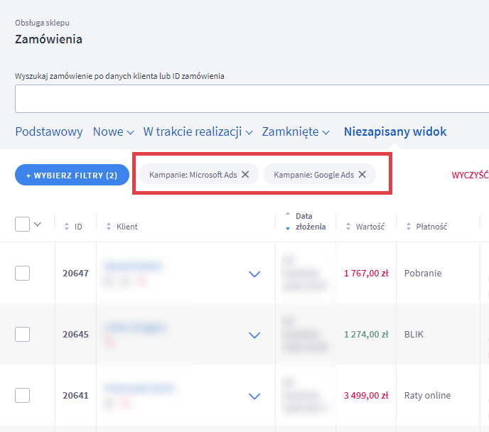 Odfiltrowana lista zamówień, na której znajdują się zamówienia złożone dzięki kampanii reklamowej Panel administracyjny sklepu > Obsługa sklepu > Zamówienia > Zamówienia z kampani reklamowych
