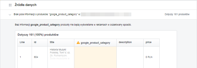 Przykład błędu: Brak pola informacji o produkcie google_product_category Przykład błędu: Brak pola informacji o produkcie google_product_category