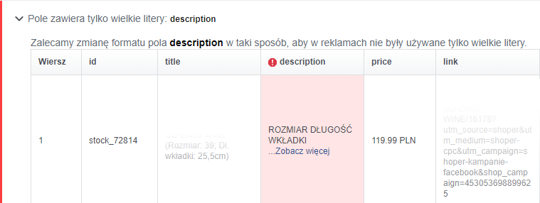 Przykład błędu opisu w katalogu produktów na Facebook Przykład błędu opisu w katalogu produktów na Facebook