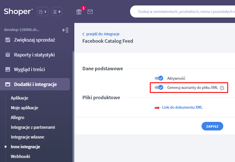 Ustawienia generowania wariantów do pliku XML (Facebook Catalog Feed) Ustawienia generowania wariantów do pliku XML (Facebook Catalog Feed)