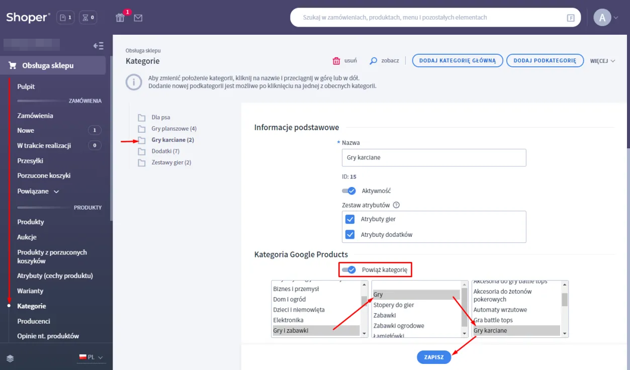Wybór odpowiednika kategorii w Google (sklep internetowy Shoper) Wybór odpowiednika kategorii w Google (sklep internetowy Shoper)