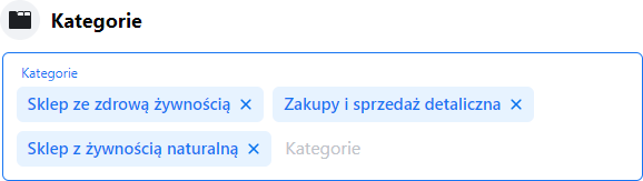 Wybór dodatkowych kategorii dla strony na Facebooku. Formularz dodawania dodatkowych kategorii do strony na Facebook