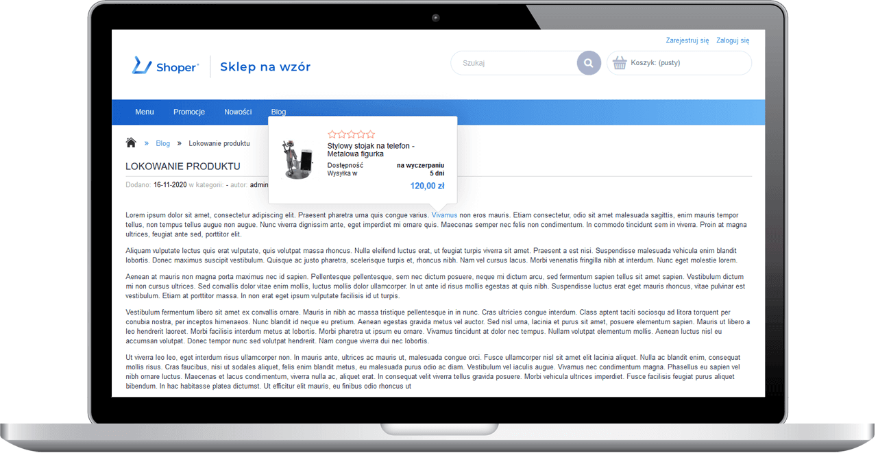 Przykładowe lokowanie produktu w treści strony informacyjnej w sklepie Shoper Przykład lokowania produktu w treści strony informacyjnej na sklepie
