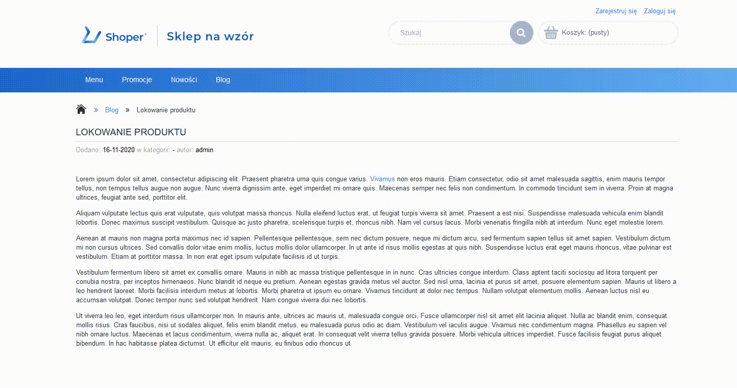 Animacja przedstawiająca jak wygląda przykładowe lokowanie produktu na stronie informacyjnej sklepu Przykład jak wygląda dodane lokowanie produktu na stronie informacyjnej