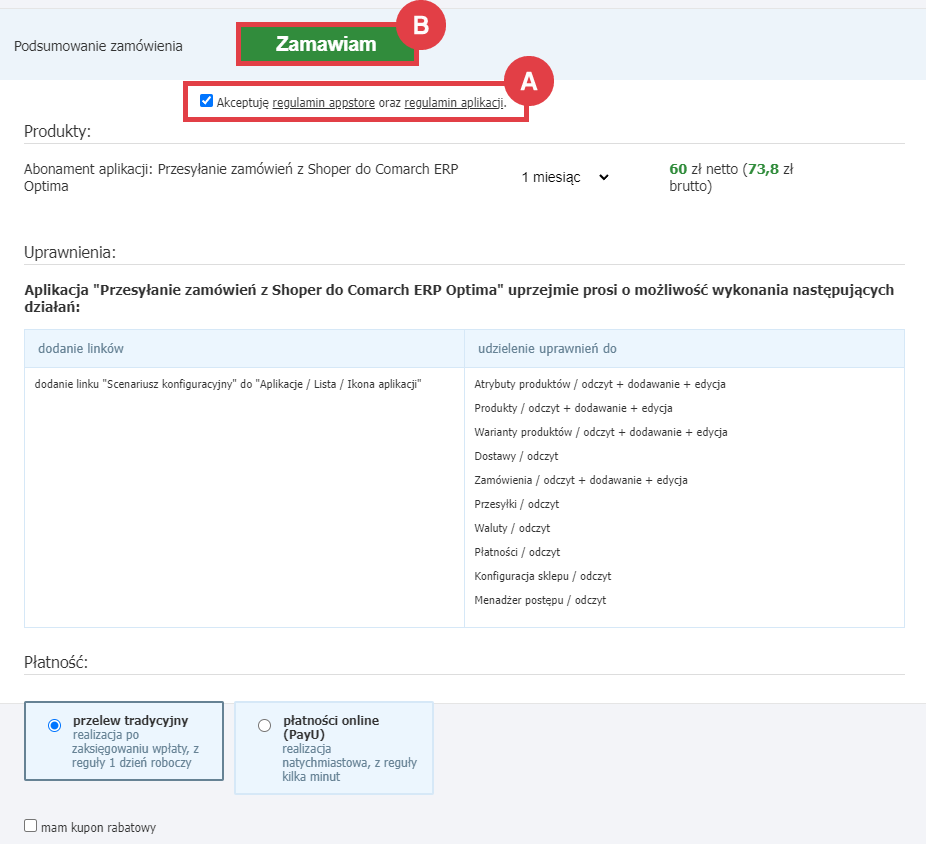 Zamawianie abonamentu aplikacji do przesyłania zamówień do Comarch ERP Optima Panel administracyjny sklepu > Dodatki i integracje > Aplikacje > Przesyłanie zamówień z Shoper do Comarch ERP Optima > Instalacja