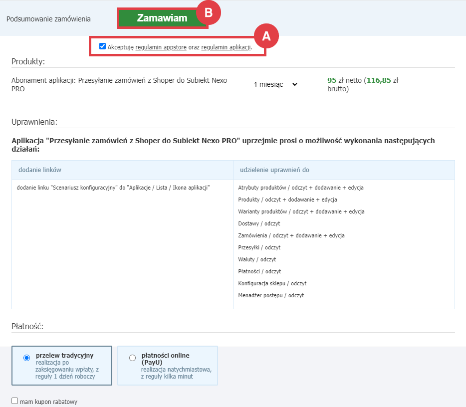 Zamów abonament aplikacji przesyłającej zamówienia ze sklepu do systemu ERP Panel administracyjny sklepu > Dodatki i integracje > Aplikacje > Przesyłanie zamówień z Shoper do Subiekt Nexo PRO > Instalacja