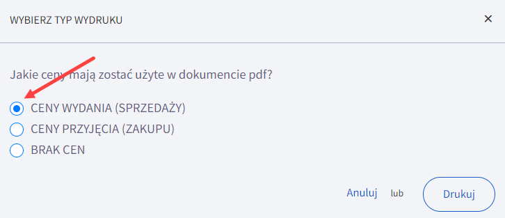 Wybierz jaki rodzaj ceny ma zostać użyty przy dokumencie Jakie ceny mają zostać użyte w dokumencie PDF?