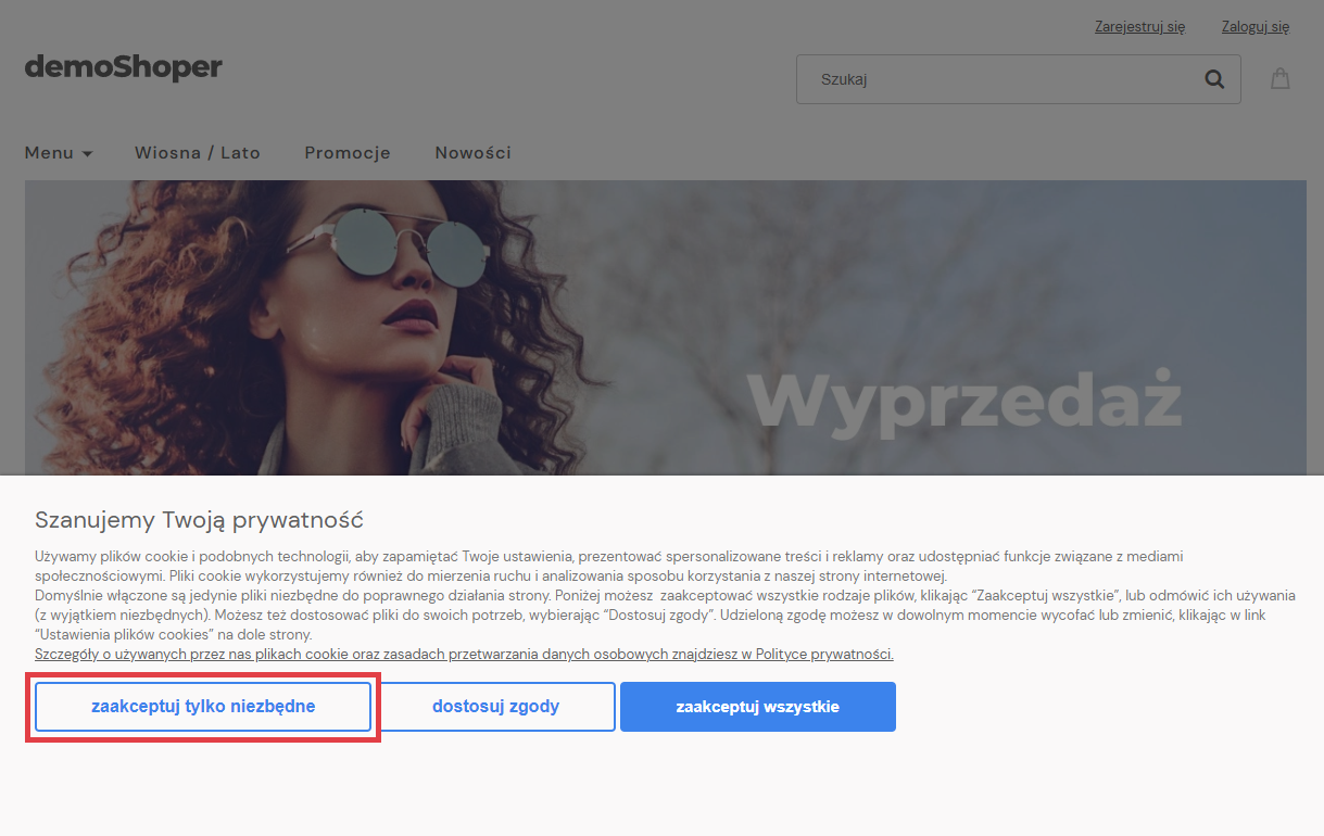 Przycisk, który pozwala szybko zaakceptować tylko niezbędne pliki cookies Widget cookies na stronie sklepu Shoper