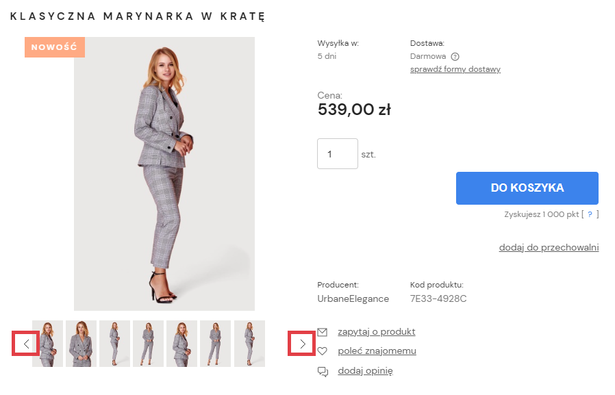 Za pomocą strzałek kupujący może przeglądać miniatury wszystkich zdjęć produktu Galeria zdjęć produktowych w karcie produktu