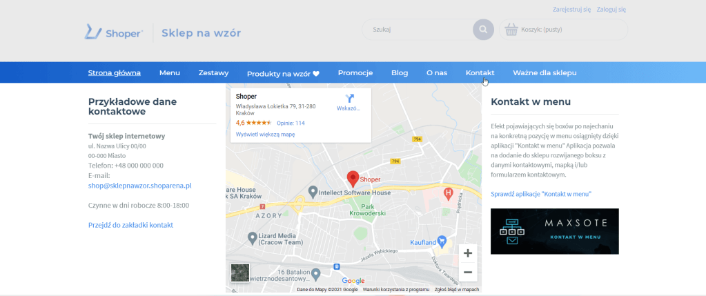 Widok zakładki kontaktowej w pasku menu Przykład sklepu z dodanym kontaktem w menu głównym