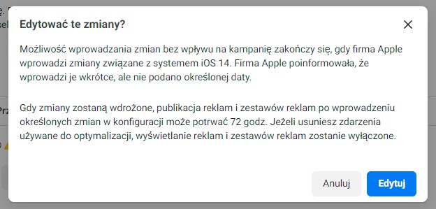 Potwierdź, że chcesz edytować zmiany w komunikacie Facebook > Menedżer zdarzeń > Pomiar zagregowanych zdarzeń > Konfiguracja zdarzenia internetowego > Zarządzanie zdarzeniami > Komunikat