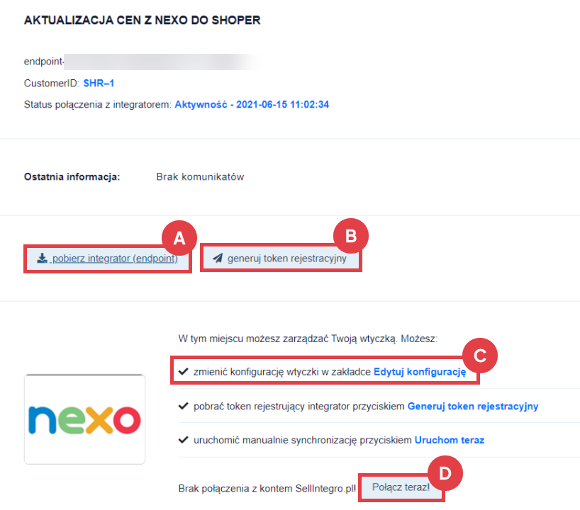 Widok panelu aplikacji po skonfigurowaniu scenariusza synchronizacji cen Panel administracyjny sklepu > Dodatki i integracje > Aplikacje > Aktualizacja cen z aktualnego cennika z Subiekt Nexo PRO do Shoper > Panel aplikacji