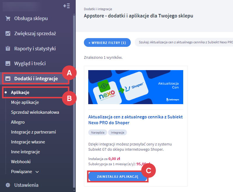 Zintegruj sklep Shoper z systemem Subiekt Nexo PRO, aby przesyłać ceny z aktualnego cennika Panel administracyjny sklepu > Dodatki i integracje > Aplikacje > Aktualizacja cen z aktualnego cennika z Subiekt Nexo PRO do Shoper