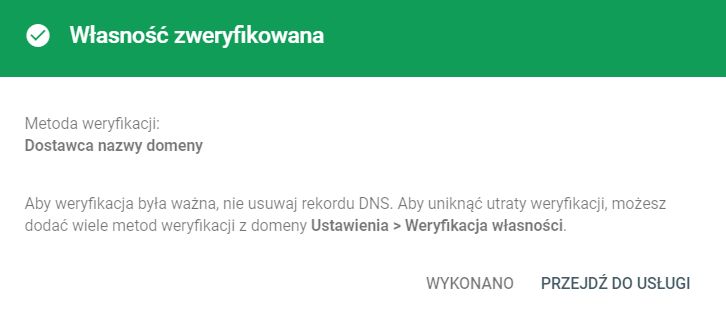 Potwierdzenie zweryfikowania własności domeny przy użyciu rekordu DNS Potwierdzenie zweryfikowania własności domeny przy użyciu rekordu DNS