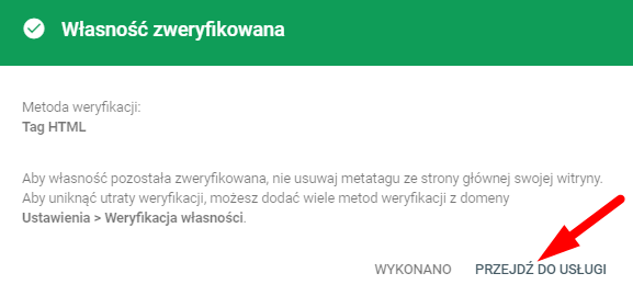 Komunikat potwierdzający zweryfikowanie własności w Google Search Console Komunikat potwierdzający zweryfikowanie własności w Google Search Console