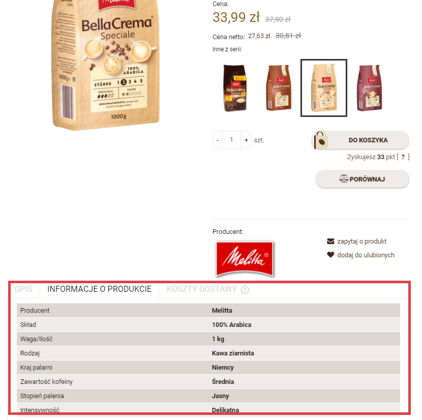 Przykładowy widok informacji o produkcie w formie tabeli Atrybuty produktu przedstawione w formie tabelki w sklepie Shoper