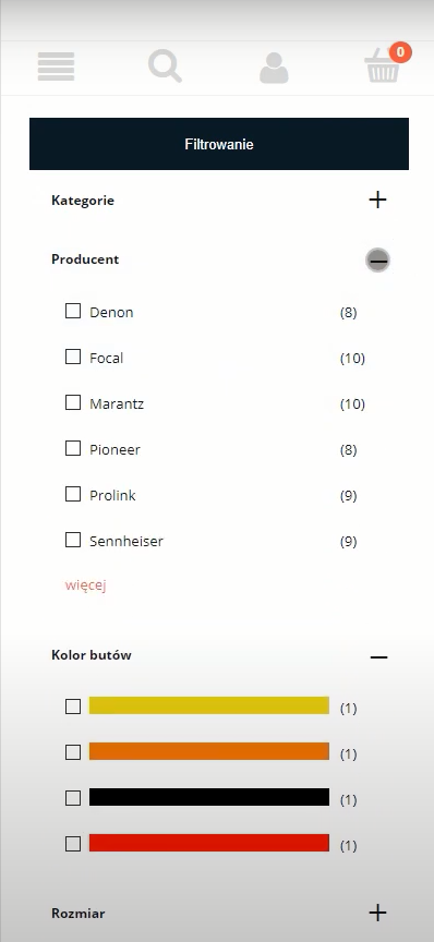 Filtry na stronie sklepu Shoper widoczne w wersji mobilnej Wygląd modułu: Opcje przeglądania na stronie sklepu uruchomionej w telefonie
