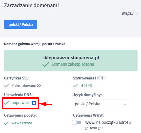 Dodawanie rekordu DNS w Panelu sklepu > Konfiguracja > Domeny > koło zębate przy Ustawienia DNS Dodawanie rekordu DNS w Panelu sklepu > Konfiguracja > Domeny > koło zębate przy Ustawienia DNS