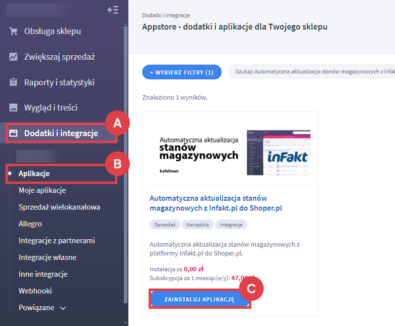 Zainstaluj moduł do aktualizacji stanów magazynowych z programu Infakt do sklepu Shoper Panel administracyjny > Dodatki i integracje > Aplikacje > Automatyczna aktualizacja stanów magazynowych z Infakt.pl do Shoper.pl