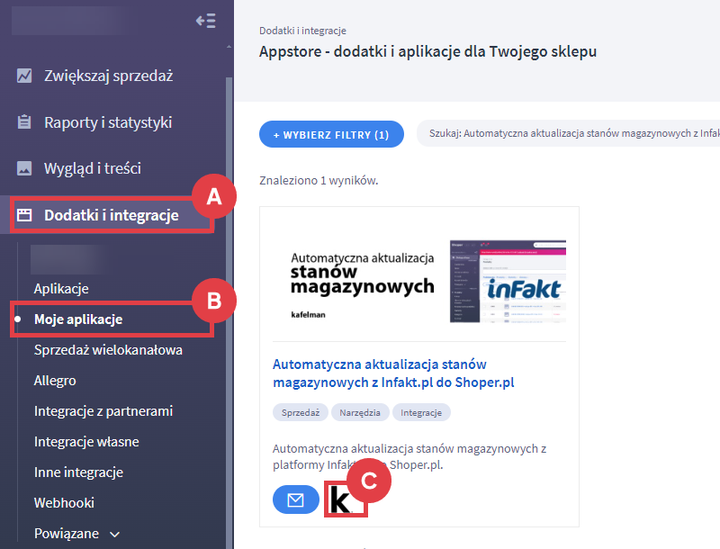 Synchronizuj stany magazynowe w sklepie z platformą Infakt.pl Panel administracyjny > Dodatki i integracje > Moje aplikacje > Automatyczna aktualizacja stanów magazynowych z Infakt.pl do Shoper.pl