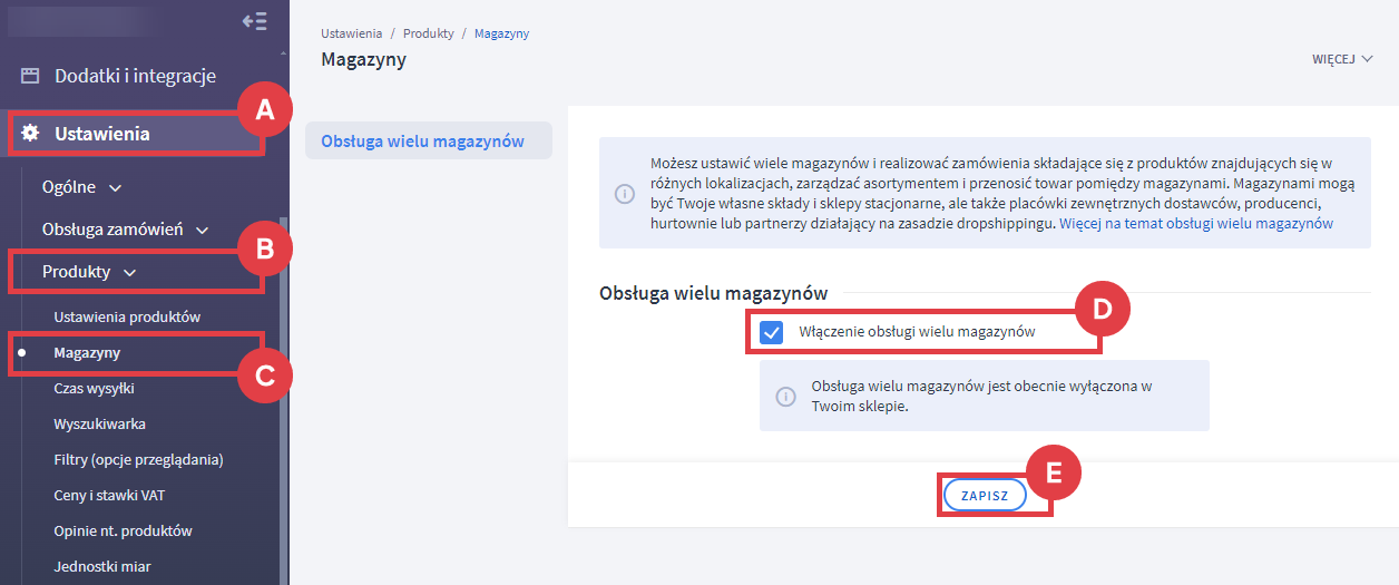 Panel administracyjny sklepu > Ustawienia > Produkty > Magazyny > Obsługa wielu magazynów